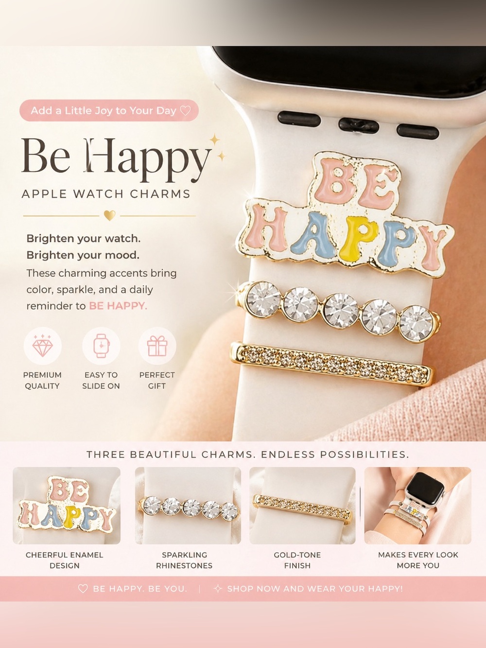Be Happy 3 Piece Apple Watch Band Charms